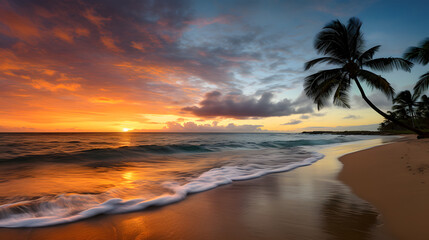 Fototapeta na wymiar Tropical Paradise Serenade: Silhouetted Palm Trees at Sunset | Generative AI 