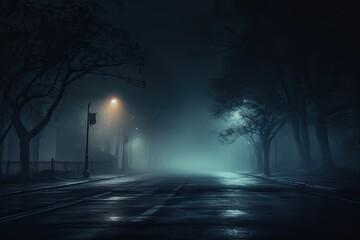 A mysterious, foggy night in the city, with dim streetlights casting an eerie glow. - obrazy, fototapety, plakaty