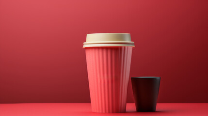 Coffee, pink paper carton cup on a pink, pastel, colorful, trendy background. Takeaway drink container. Good morning, wake up, awake concept. Template for a drink mockup. copy space
