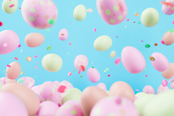 Fototapeta na wymiar 3d rendering of a joyful scene with pastel-colored Easter eggs and vibrant confetti floating against a bright blue background, creating a festive atmosphere.
