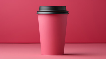 Coffee, pink paper carton cup on a pink, pastel, colorful, trendy background. Takeaway drink container. Good morning, wake up, awake concept. Template for a drink mockup. copy space