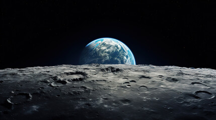 Earth from moon, view of planet earth from the surface of the moon, generative ai
