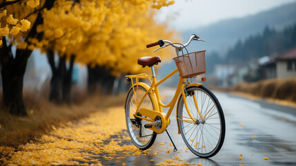 Yellow bicycle on the road in autumn season with yellow ginkgo tree