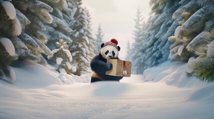 
A panda bear dressed warmly delivers a package in a snowy forest.