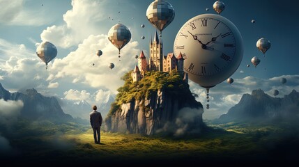 A person gazes at a floating castle with clocks, blending fantasy with time.