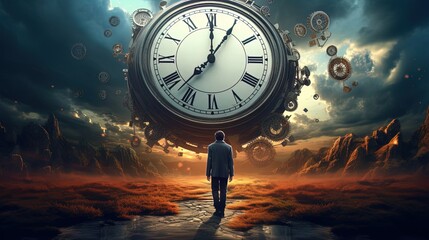 A man faces a giant clock amidst a surreal twilight, symbolizing the passage of time.