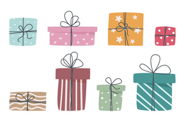 Set of Christmas gifts, New Year presents, gift boxes with ribbons, vector illustration in flat style