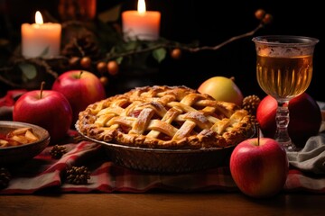 Apple Pie background. National Pie Day, Thanksgiving traditional dessert, autumn bakery concept. .For postcard, banner, wallpaper, backdrop, web, card, poster, cover, print. Copy space.