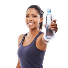 Woman, fitness and portrait with bottle of water in studio for exercise, workout and training on white background. Happy african athlete with drink for hydration, nutrition or healthy diet for energy