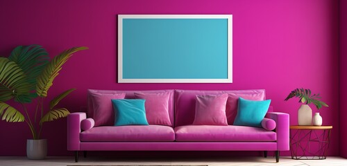 a pink couch with blue pillows