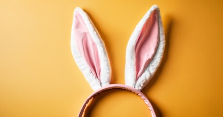 Top view photo of the white and pink soft cute headband in the shape of rabbit ears on the isolated yellow background blank space, Copy space. Place for text