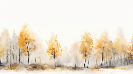 Watercolor white gray background autumn trees panorama
