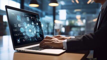 Busy Businessman Engaged with Laptop in Contemporary Office Setting, Virtual Icon Diagram in View