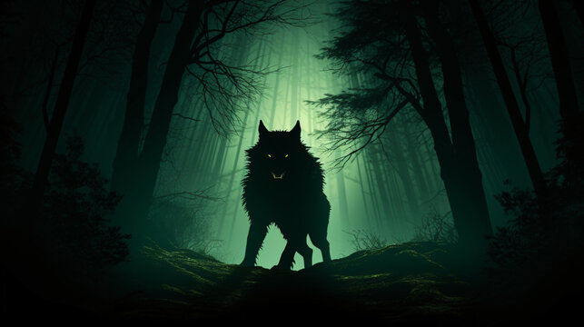 Werewolf silhouette fear horror in the forest ghoul