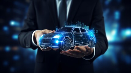 Tech-Savvy Businessman Navigating Futuristic Car Dashboard - 3D Rendering