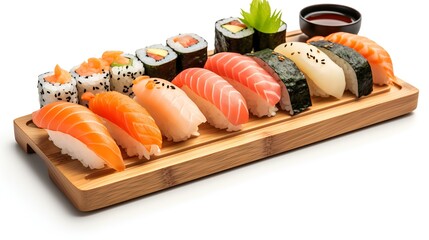 Sushi is set on a wooden plate isolated on a white background. Japanese food.