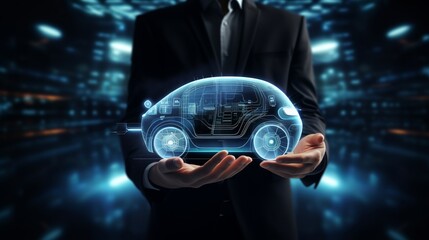 Tech-Savvy Businessman Navigating Futuristic Car Dashboard - 3D Rendering