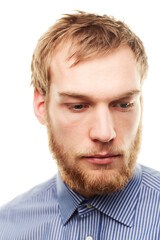 Obraz premium Thinking, white background and face of business man with ideas, brainstorming and solution. Professional worker, career and isolated person with facial expression for confused, thoughtful or question