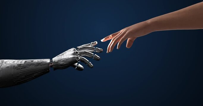 Futuristic Connection: AI Robot and Human Fingers Touch. Electrical Energy. Transfer. Technology Related 3D Animation.