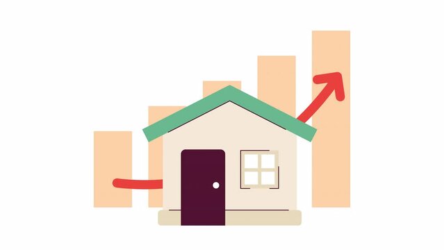 Housing market inflation rising graph 2D animation. Property mortgage rates. Real estate price chart 4K video motion graphic. Home price growth color animated cartoon flat concept, white background