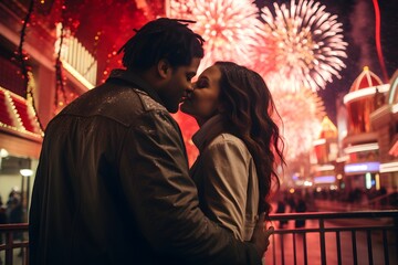 Fototapeta premium Romantic Couple New Year's Eve Fireworks on Vegas Strip, Nevada USA