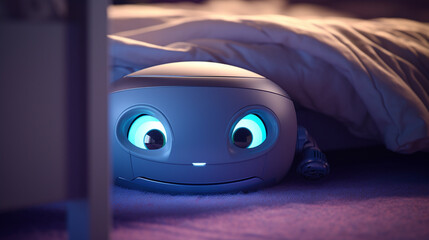 A robot vacuum cleaner with big eyes under a blanket, generative AI