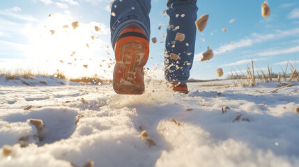 Winter fun teen feet close up running - obrazy, fototapety, plakaty