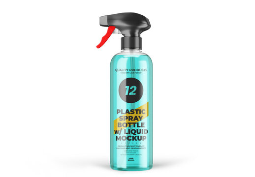 Plastic Spray Bottle Mockup With Liquid