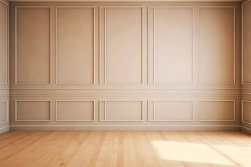 Beige elegant sunny emty room with moulding and oak parquet. generative ai.