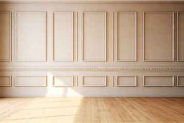 Beige elegant sunny emty room with moulding and oak parquet. generative ai.