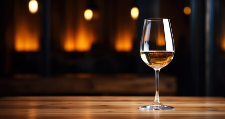 Elegant glass of white wine on blurred bar background. Wine industry concept. Generative AI