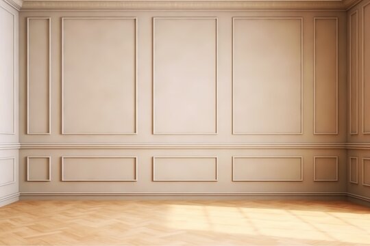 Beige elegant sunny emty room with moulding and oak parquet. generative ai.