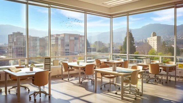 a tidy school classroom with tables and chairs with a beautiful view from the window. seamless looping 4k  time-lapse virtual video animation background. Generated AI
