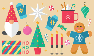 Winter set flat vector illustration, New Year, Christmas, vacations, snow, objects, clipart