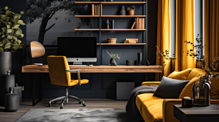 Yellow and Dark Grey Contemporary Home Office Setup