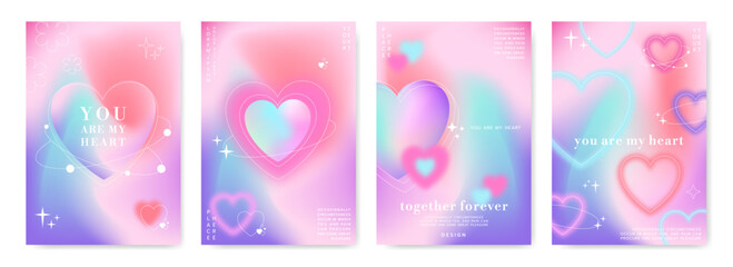Y2k banner. Gradient pink love heart. Valentine shapes. Pastel elements. Space stars and flowers. Graphic aesthetic background. Blur figures. Retro line icons. Cute romantic. Vector design posters set