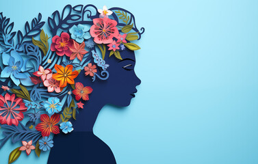 Abstract decorative female silhouette in profile with flowers in her hair as a symbol of spring, illustration for women's Day on March 8, copy space.