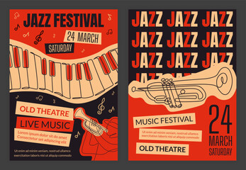 Jazz band poster. Party invitation. Music concert. Musical festival. Trumpet and piano. Theatre performance flyer. Musicians orchestra. Line drawing. Nightlife placard. Vector retro design banners set