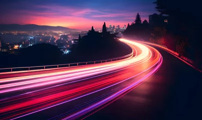 Ingelijste posters Photo of a highway at night. Neon night highway track with colorful lights and trails © Oksana