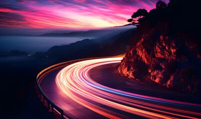 Photo of a highway at night. Neon night highway track with colorful lights and trails - obrazy, fototapety, plakaty