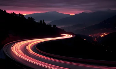 Fotobehang Photo of a highway at night. Neon night highway track with colorful lights and trails © Oksana