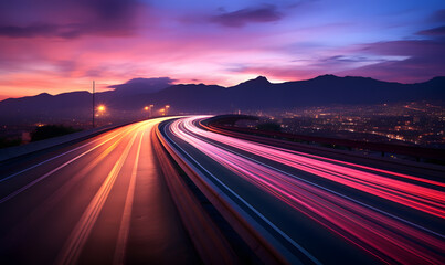 Photo of a highway at night. Neon night highway track with colorful lights and trails - obrazy, fototapety, plakaty