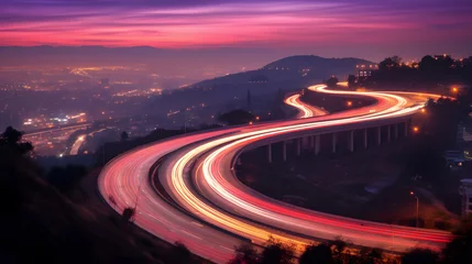 Poster Photo of a highway at night. Neon night highway track with colorful lights and trails © Oksana