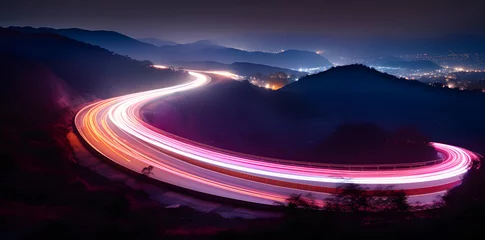 Keuken spatwand met foto Photo of a highway at night. Neon night highway track with colorful lights and trails © Oksana
