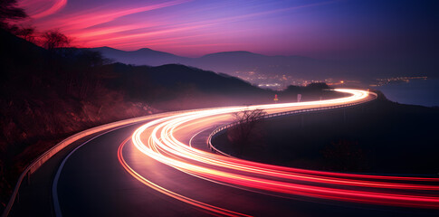 Photo of a highway at night. Neon night highway track with colorful lights and trails - Powered by Adobe