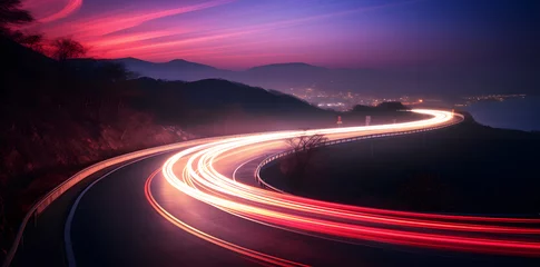 Poster Im Rahmen Photo of a highway at night. Neon night highway track with colorful lights and trails © Oksana