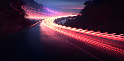 Photo of a highway at night. Neon night highway track with colorful lights and trails