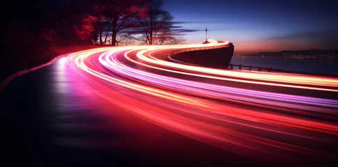Poster Photo of a highway at night. Neon night highway track with colorful lights and trails © Oksana