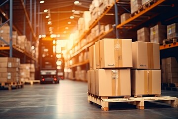 Blurred business background Blurry warehouse on soft bokeh background Transporting product boxes.by Generative AI