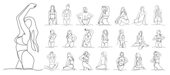 One line women set. Outline girls in different poses. Various female models in underwear and swimsuit, isolated decor elements, Sexy plus size nude figures collection. Vector isolated illustration